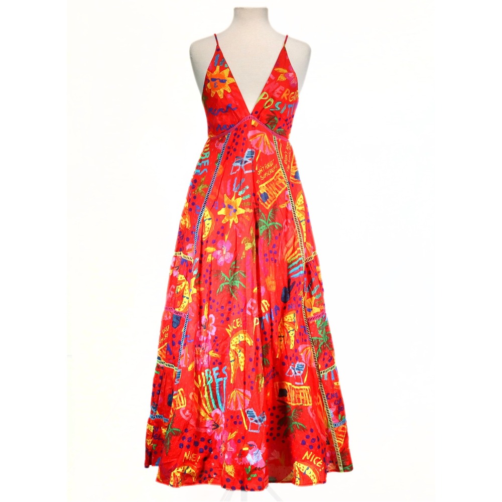 Farm Rio Maxi Dress Good Vibes Womens S Red Graphic Tiered Cotton Summer Beach
